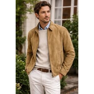 Banana Republic Suede Leather Jacket Mens Large L Tan Brown Full Zip Bomber